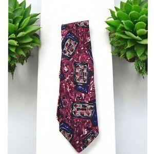 Ted Lapidus Vintage Abstract Art Silk Neck Tie Burgundy Navy‎ Designer Fashion